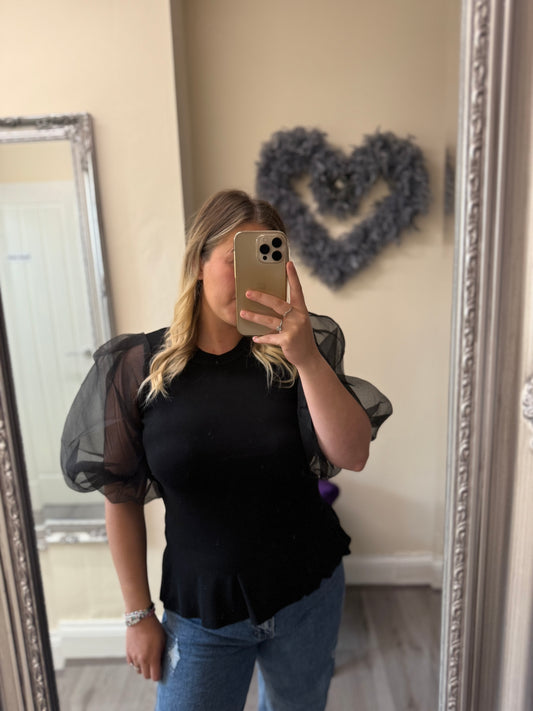 Sheer puff sleeve knit top